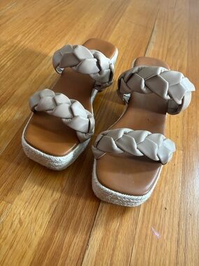 Braided Double-Strap Espadrille Slide Sandals in Taupe
